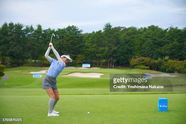 Mana Shinozaki of Japan hits her tee shot on the 16th hole during the first round of Sky Ladies ABC Cup at ABC Golf Club on September 26, 2023 in...