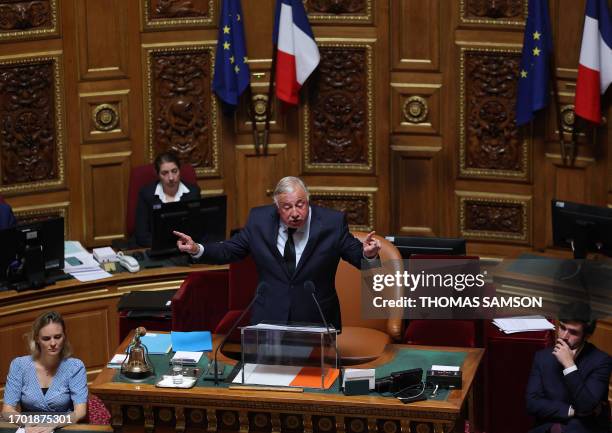 French Senate President Gerard Larcher addresses the audience after being elected at the French Senate in Paris on October 2 President of the Senate...