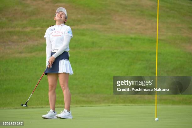 Aya Ezawa of Japan reacts after a putt on the 9th green during the first round of Sky Ladies ABC Cup at ABC Golf Club on September 26, 2023 in Kato,...
