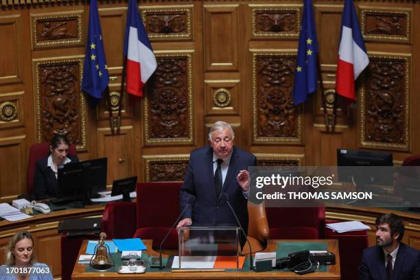 French Senate President Gerard Larcher addresses the audience after being elected at the French Senate in Paris on October 2 President of the Senate...