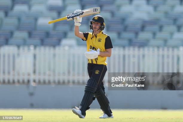 Chloe Piparo of Western Australia celebrates her half century during the WNCL match between Western Australia and Victoria at the WACA, on September...