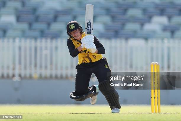 Mathilda Carmichael of Western Australia bats during the WNCL match between Western Australia and Victoria at the WACA, on September 26 in Perth,...
