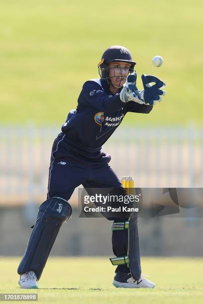 Nicole Faltum of Victoria takes a return throw during the WNCL match between Western Australia and Victoria at the WACA, on September 26 in Perth,...