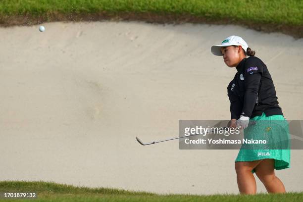 Runa Ikegaya of Japan hits out from a bunker on the 18th hole during the first round of Sky Ladies ABC Cup at ABC Golf Club on September 26, 2023 in...