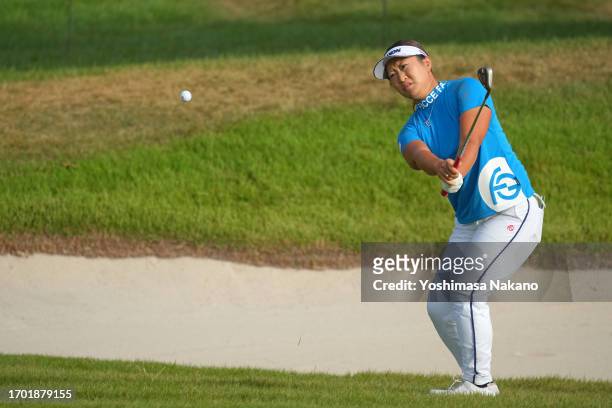 Sakura Kito of Japan chips onto the 18th green during the first round of Sky Ladies ABC Cup at ABC Golf Club on September 26, 2023 in Kato, Hyogo,...