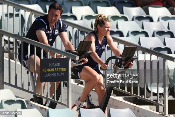 Sophie Molineux of Victoria works out on a spin bike during the WNCL match between Western Australia and Victoria at the WACA, on September 26 in...