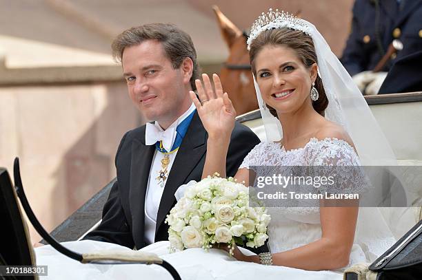 Christopher O'Neill and Princess Madeleine of Sweden are taken by horse and carriage from the Royal Palace of Stockholm to Riddarholmen after the...