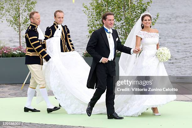 Christopher O'Neill and Princess Madeleine of Sweden depart for the travel by boat to Drottningholm Palace for dinner after the wedding ceremony of...