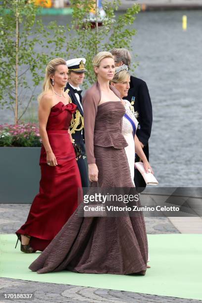 Princess Charlene of Monaco departs for a travel by boat to Drottningholm Palace for dinner after the wedding ceremony of Princess Madeleine of...