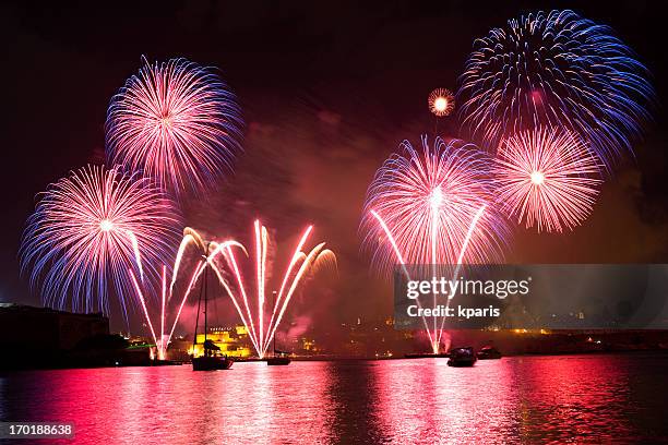 fireworks in the grand harbour - anchored boats stock pictures, royalty-free photos & images