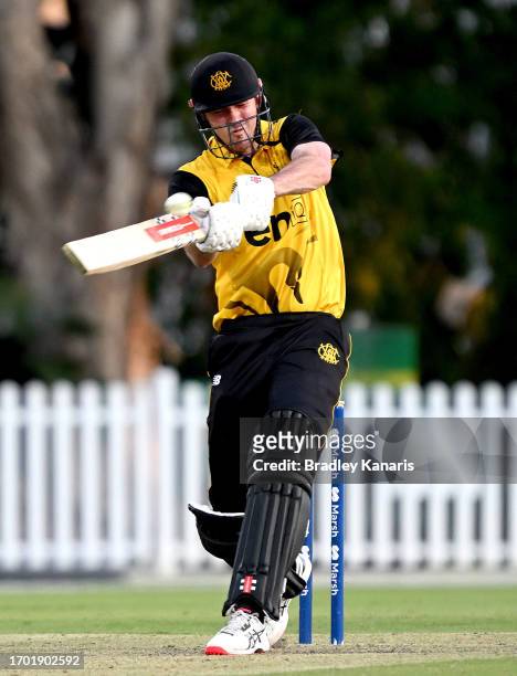 Ashton Turner of Western Australia hits the ball to the boundary for a four during the Marsh One Day Cup match between South Australia and Western...
