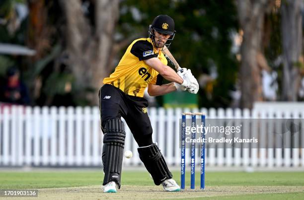 Nick Hobson of Western Australia hits the ball to the boundary for a four during the Marsh One Day Cup match between South Australia and Western...