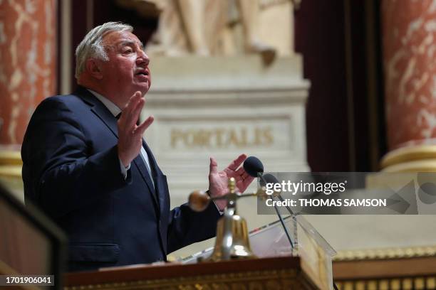 French Senate President Gerard Larcher addresses the audience after being elected at the French Senate in Paris on October 2 President of the Senate...