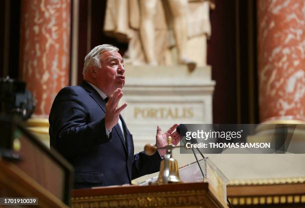 French Senate President Gerard Larcher addresses the audience after being elected at the French Senate in Paris on October 2 President of the Senate...