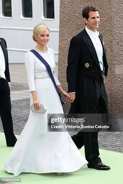 Crown Princess Marie-Chantal of Greece and Crown Prince Pavlos of Greece depart for the travel by boat to Drottningholm Palace for dinner after the...