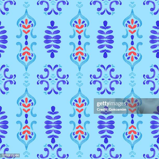 stockillustraties, clipart, cartoons en iconen met blue, red and turquoise colored portuguese azulejo seamless pattern. moroccan ceramic tile. vector lisbon arabic floral mosaic, mediterranean ornament. - navy watercolor swatch