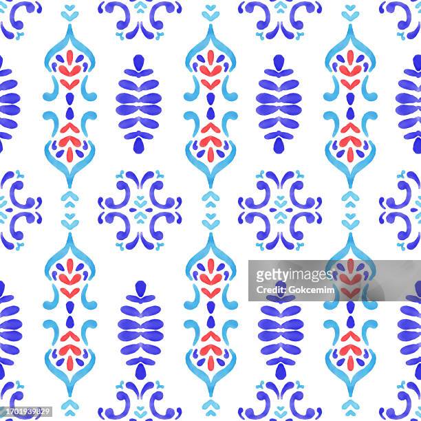 stockillustraties, clipart, cartoons en iconen met blue, red and turquoise colored portuguese azulejo seamless pattern. moroccan ceramic tile. vector lisbon arabic floral mosaic, mediterranean ornament. - navy watercolor swatch