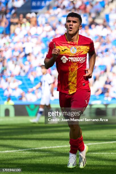 Carles Alena of Getafe CF celebrates after scoring goal during the LaLiga EA Sports match between Real Sociedad and Getafe CF at Reale Arena on...