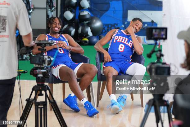 Tyrese Maxey and De'Anthony Melton of the Philadelphia 76ers participate in media day at the 76ers Training Complex on October 2, 2023 in Camden, New...