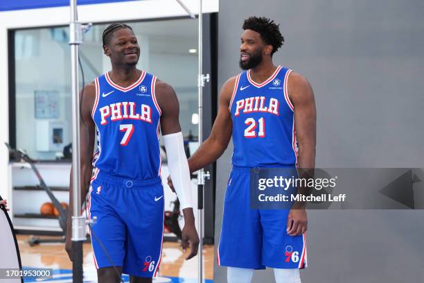 Joel Embiid and Mo Bamba of the Philadelphia 76ers participate in media day at the 76ers Training Complex on October 2, 2023 in Camden, New Jersey....