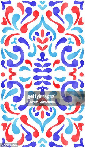 stockillustraties, clipart, cartoons en iconen met blue, red and turquoise colored portuguese azulejo pattern, abstract background. moroccan ceramic tile. vector lisbon arabic floral mosaic, mediterranean ornament. - navy watercolor swatch