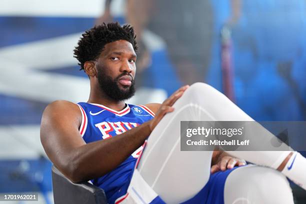 Joel Embiid of the Philadelphia 76ers participates in media day at the 76ers Training Complex on October 2, 2023 in Camden, New Jersey. NOTE TO USER:...