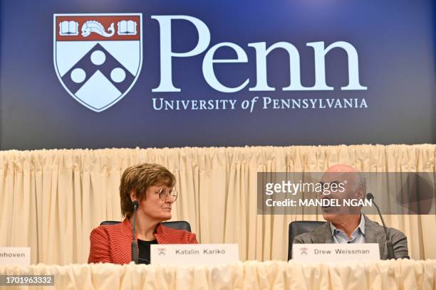 Dr. Katalin Kariko of Hungary and Dr. Drew Weissman of the US, who won the 2023 Nobel Medicine Prize, speak during a press conference at the...