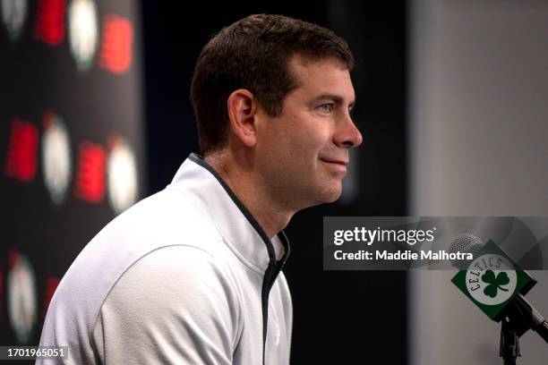 President of Basketball Operations Brad Stevens of the Boston Celtics addresses the media during Boston Celtics Media Day at The Auerbach Center on...