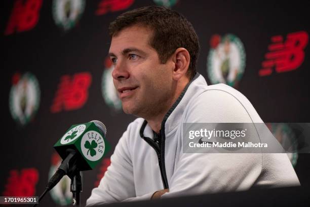 President of Basketball Operations Brad Stevens of the Boston Celtics addresses the media during Boston Celtics Media Day at The Auerbach Center on...