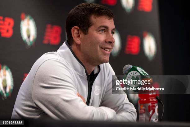 President of Basketball Operations Brad Stevens of the Boston Celtics addresses the media during Boston Celtics Media Day at The Auerbach Center on...