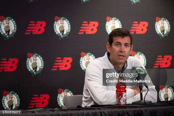 President of Basketball Operations Brad Stevens of the Boston Celtics addresses the media during Boston Celtics Media Day at The Auerbach Center on...