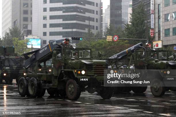 South Korean military parade during the 75th South Korea Armed Forces Day ceremony on September 26, 2023 in Seoul, South Korea. Thousands of troops...