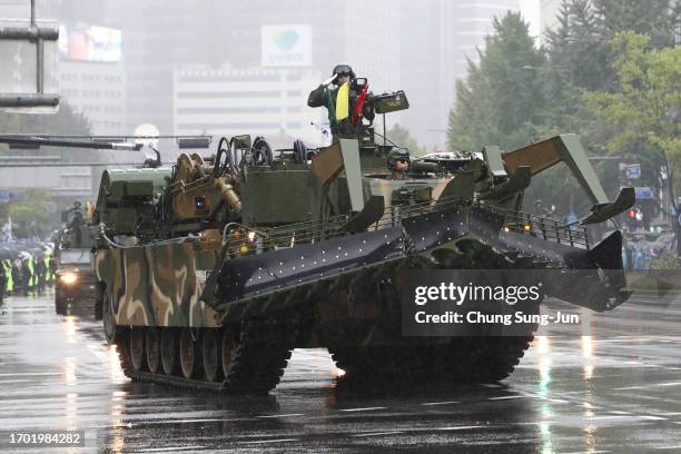 South Korean military parade during the 75th South Korea Armed Forces Day ceremony on September 26, 2023 in Seoul, South Korea. Thousands of troops...