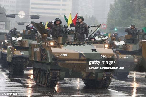 South Korean military parade during the 75th South Korea Armed Forces Day ceremony on September 26, 2023 in Seoul, South Korea. Thousands of troops...