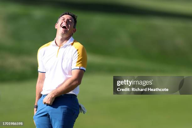 Rory McIlroy of Team Europe reacts on the first hole during a practice round prior to the 2023 Ryder Cup at Marco Simone Golf Club on September 26,...