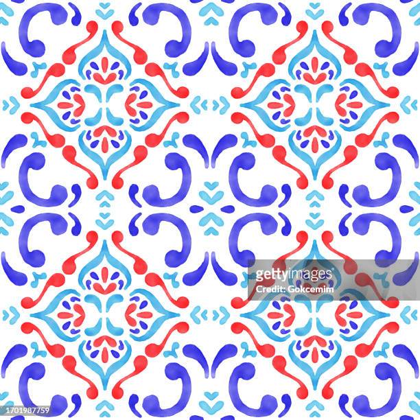 stockillustraties, clipart, cartoons en iconen met blue, red and turquoise colored portuguese azulejo seamless pattern. moroccan ceramic tile. vector lisbon arabic floral mosaic, mediterranean ornament. - navy watercolor swatch