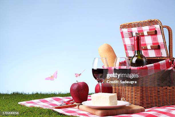 a picnic basket with wine and cheese - picnic basket stock pictures, royalty-free photos & images