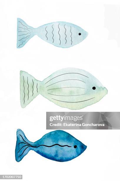 three fish painted in watercolor - tale of three seas stock pictures, royalty-free photos & images