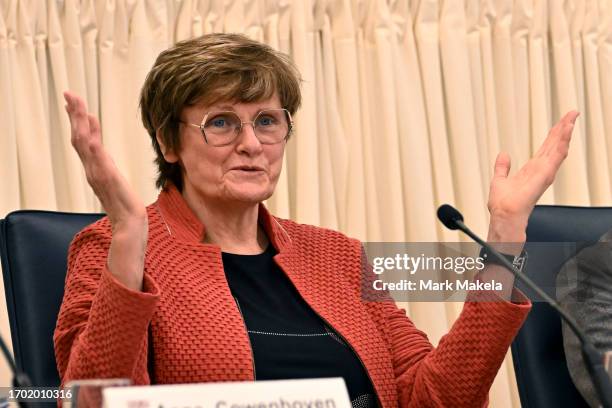 Katalin Karikó speaks during a press conference after being awarded the Nobel Prize in Medicine with Drew Weissman at The University of Pennsylvania...