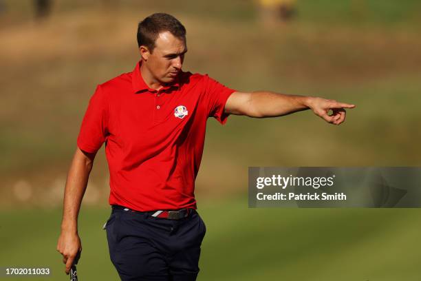 Jordan Spieth of Team United States reacts during a practice round prior to the 2023 Ryder Cup at Marco Simone Golf Club on September 26, 2023 in...