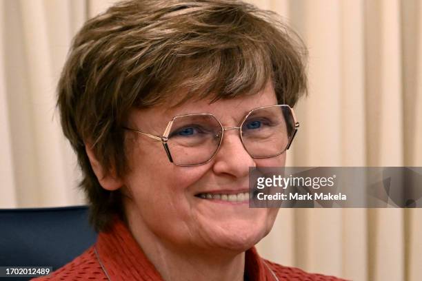 Katalin Karikó reacts during a press conference after being awarded the Nobel Prize in Medicine with Drew Weissman at The University of Pennsylvania...