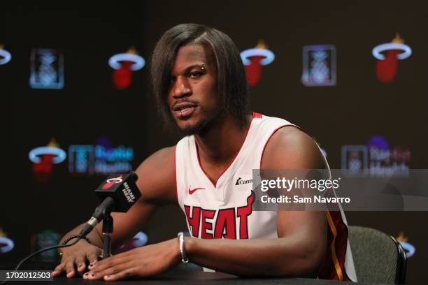 Jimmy Butler of the Miami Heat speaks to reporters during media day at Kaseya Center on October 2, 2023 in Miami, Florida. NOTE TO USER: User...