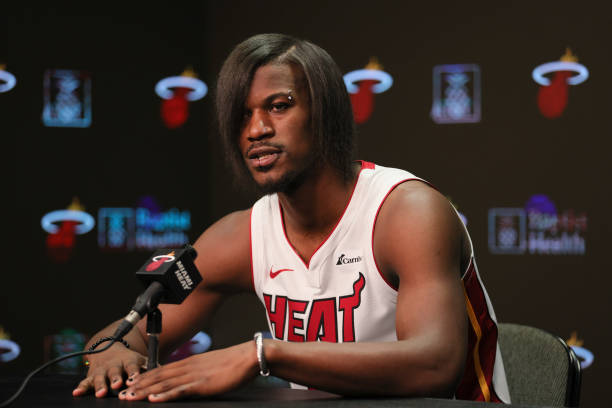 Jimmy Butler of the Miami Heat speaks to reporters during media day at Kaseya Center on October 2, 2023 in Miami, Florida. NOTE TO USER: User...