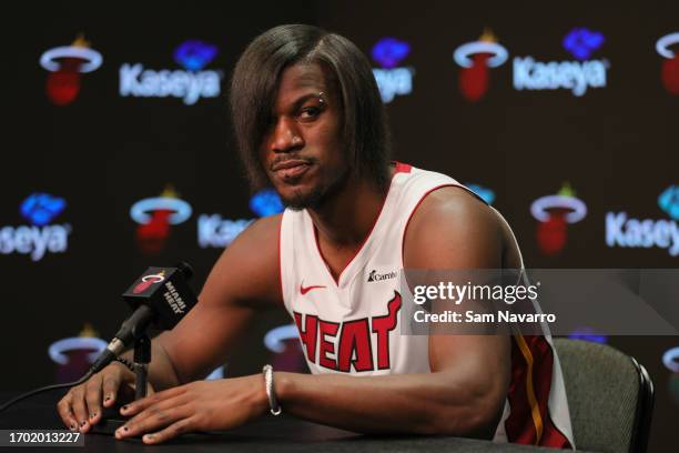 Jimmy Butler of the Miami Heat speaks to reporters during media day at Kaseya Center on October 2, 2023 in Miami, Florida. NOTE TO USER: User...