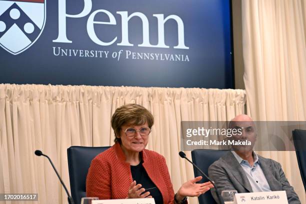 Katalin Karikó and Drew Weissman speak during a press conference after being awarded the Nobel Prize in Medicine at The University of Pennsylvania on...