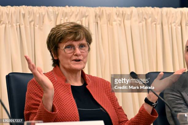 Katalin Karikó speaks during a press conference after being awarded the Nobel Prize in Medicine with Drew Weissman at The University of Pennsylvania...
