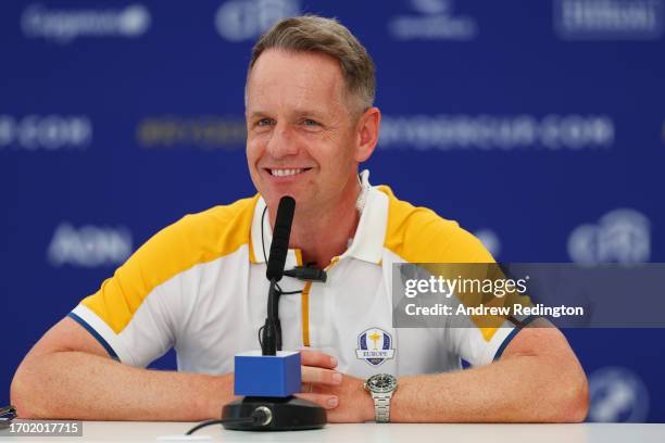 Luke Donald, Captain of Team Europe talks in a press conference during a practice round prior to the 2023 Ryder Cup at Marco Simone Golf Club on...