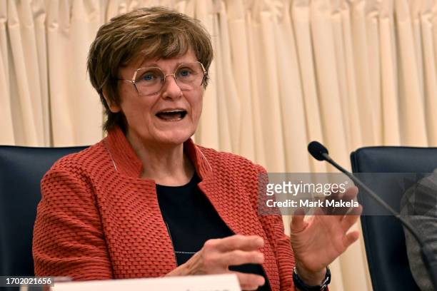 Katalin Karikó speaks during a press conference after being awarded the Nobel Prize in Medicine with Drew Weissman at The University of Pennsylvania...
