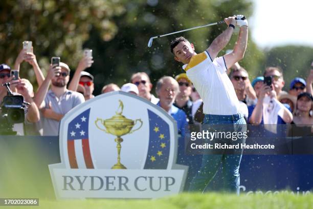 Rory McIlroy of Team Europe tees off on the fourth hole during a practice round prior to the 2023 Ryder Cup at Marco Simone Golf Club on September...