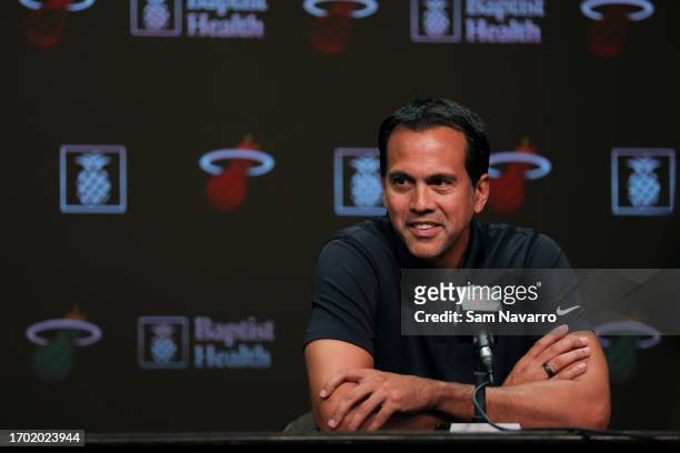 Miami Heat head coach Erik Spoelstra speaks to reporters during media day at Kaseya Center on October 2, 2023 in Miami, Florida. NOTE TO USER: User...